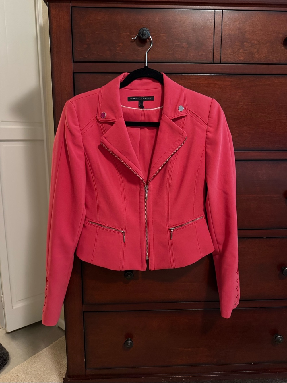 White House Black Market Pink Zip-Front Moto Blazer